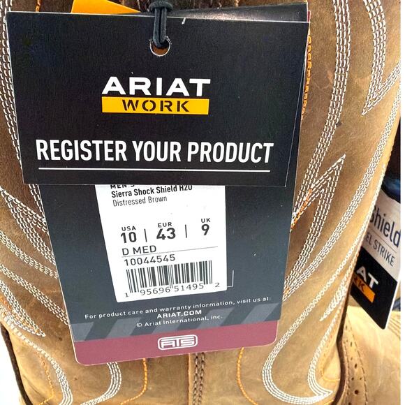 Ariat Men\'s Distressed Brown Sierra Shock Shield Waterproof Work Boots Size 10D